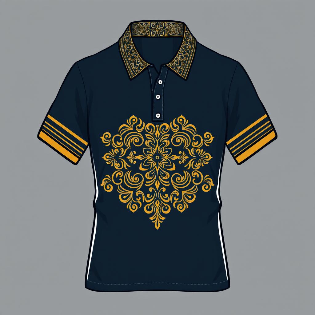 A beautiful polo T-shirt design featuring an intricate pattern at the collar, a straight line design on both sleeves, and a stunning gold batik pattern on the chest area