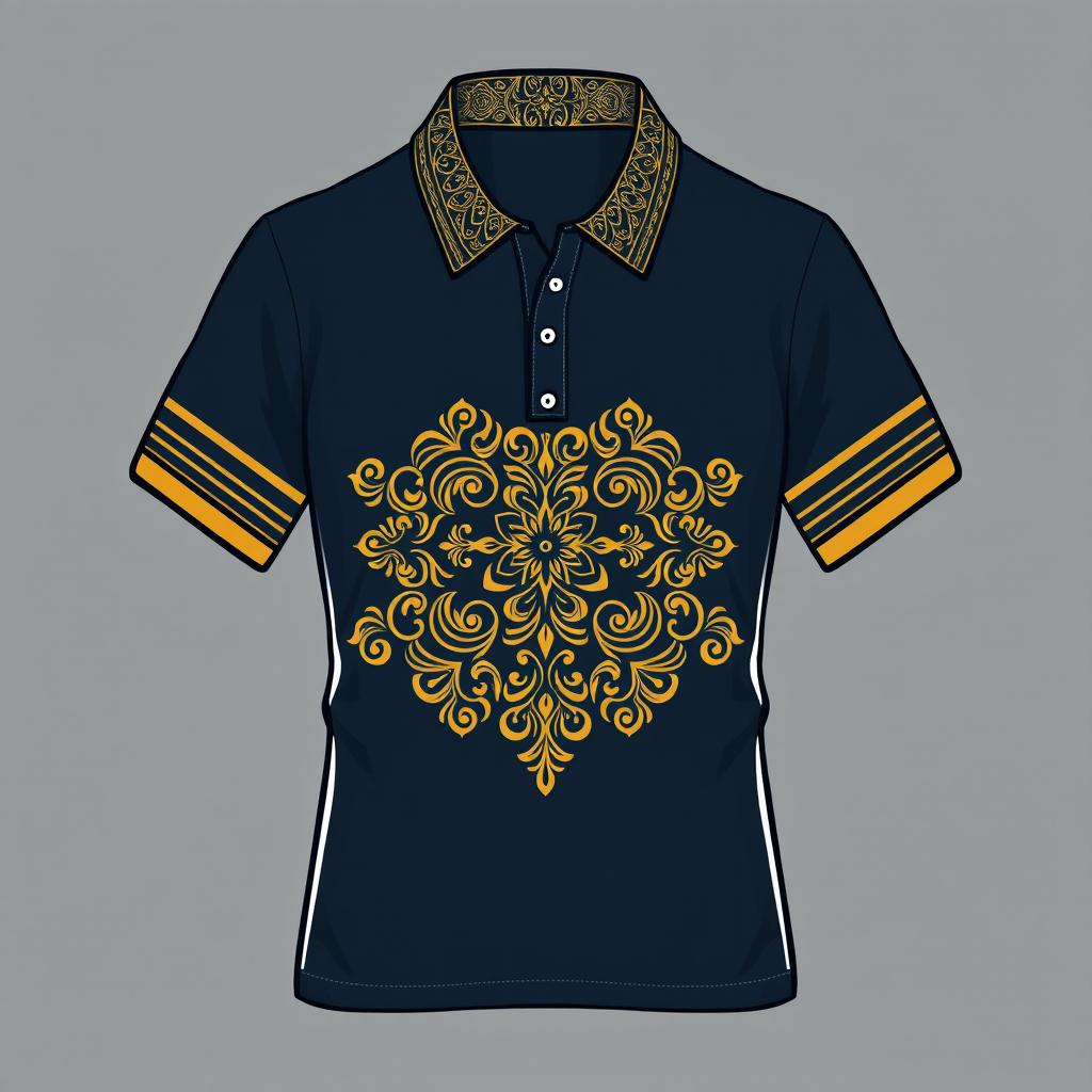 A beautiful polo T-shirt design featuring an intricate pattern at the collar, a straight line design on both sleeves, and a stunning gold batik pattern on the chest area