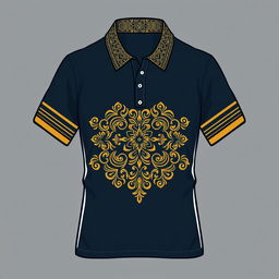 A beautiful polo T-shirt design featuring an intricate pattern at the collar, a straight line design on both sleeves, and a stunning gold batik pattern on the chest area