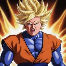 Donald Trump imagined as a character in the distinct style of Dragonball Z, displaying energy, power and grit.