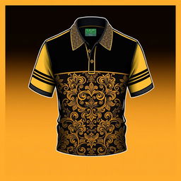 A beautiful polo T-shirt design featuring an intricate pattern at the collar, a straight line design on both sleeves, and a stunning gold batik pattern on the chest area