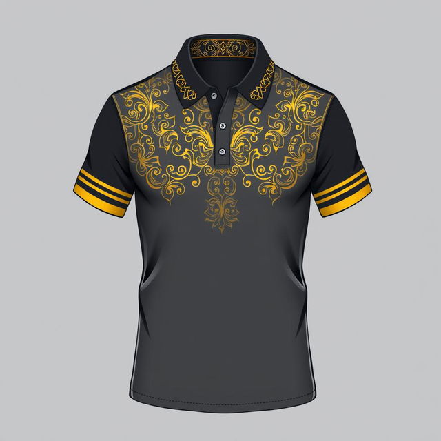 A beautiful polo T-shirt design featuring an intricate pattern at the collar, a straight line design on both sleeves, and a stunning gold batik pattern on the chest area