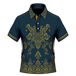 A beautiful polo T-shirt design featuring an intricate pattern at the collar, a straight line design on both sleeves, and a stunning gold batik pattern on the chest area