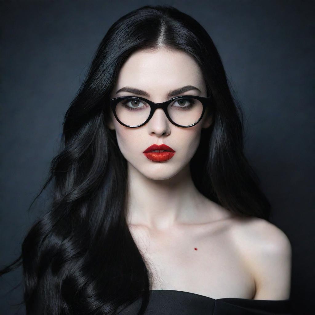 Generate an image of a pale, vampire young lady with long, black hair. She has red, sensual lips, black reed glasses, and is elegantly dressed in a black dress.