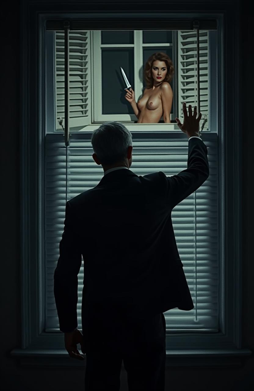 A film poster featuring a man in his forties standing with his back turned at night, positioned in front of a shuttered window