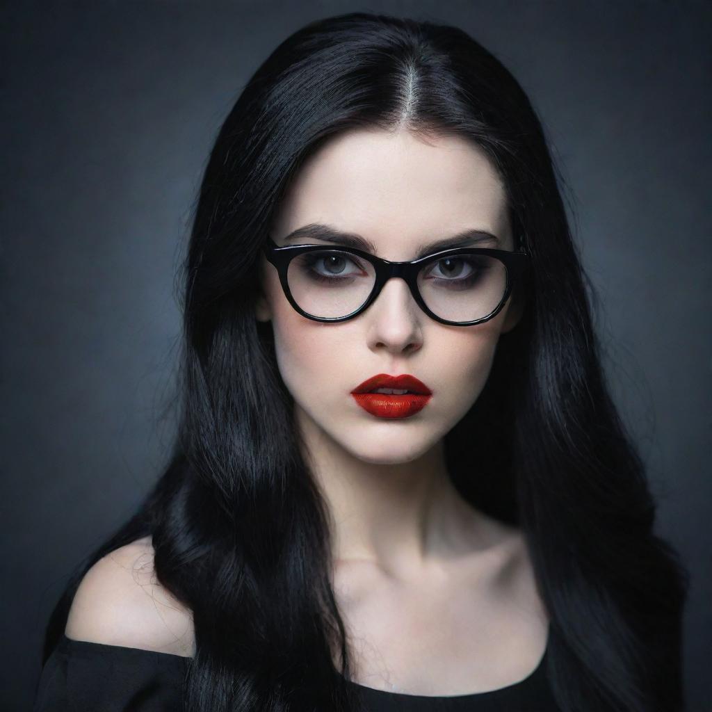 Generate an image of a pale, vampire young lady with long, black hair. She has red, sensual lips, black reed glasses, and is elegantly dressed in a black dress.