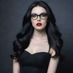 Generate an image of a pale, vampire young lady with long, black hair. She has red, sensual lips, black reed glasses, and is elegantly dressed in a black dress.