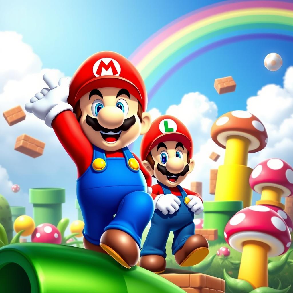 A colorful and vibrant scene featuring Mario and Luigi from the Super Mario Bros franchise, depicted in a classic video game style