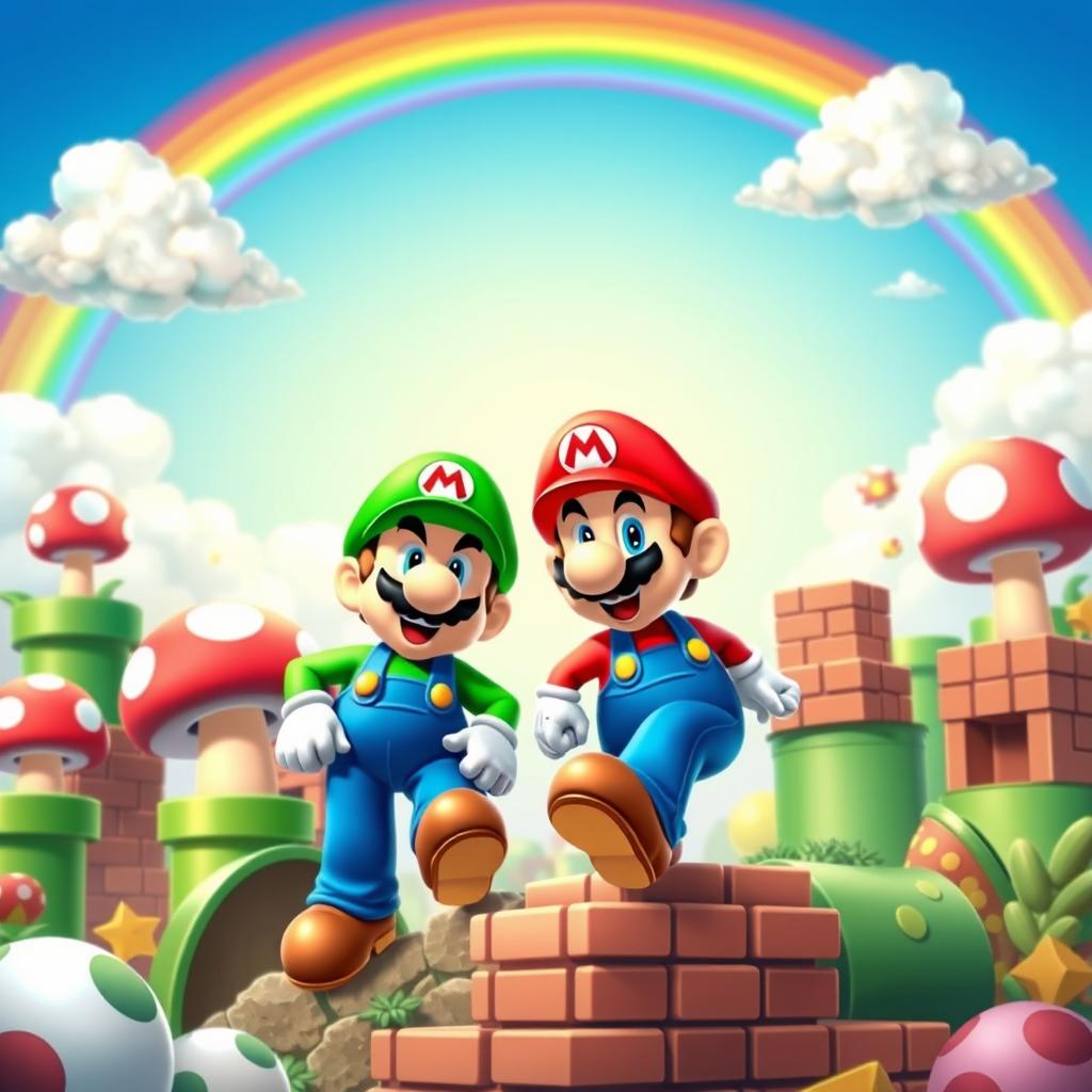 A colorful and vibrant scene featuring Mario and Luigi from the Super Mario Bros franchise, depicted in a classic video game style