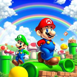 A colorful and vibrant scene featuring Mario and Luigi from the Super Mario Bros franchise, depicted in a classic video game style