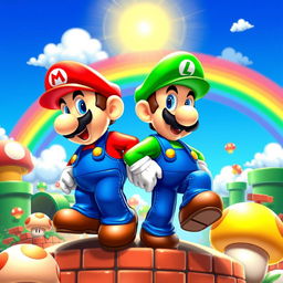 A colorful and vibrant scene featuring Mario and Luigi from the Super Mario Bros franchise, depicted in a classic video game style