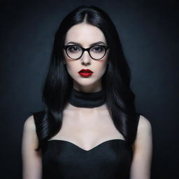 Generate an image of a pale, vampire young lady with long, black hair. She has red, sensual lips, black reed glasses, and is elegantly dressed in a black dress.