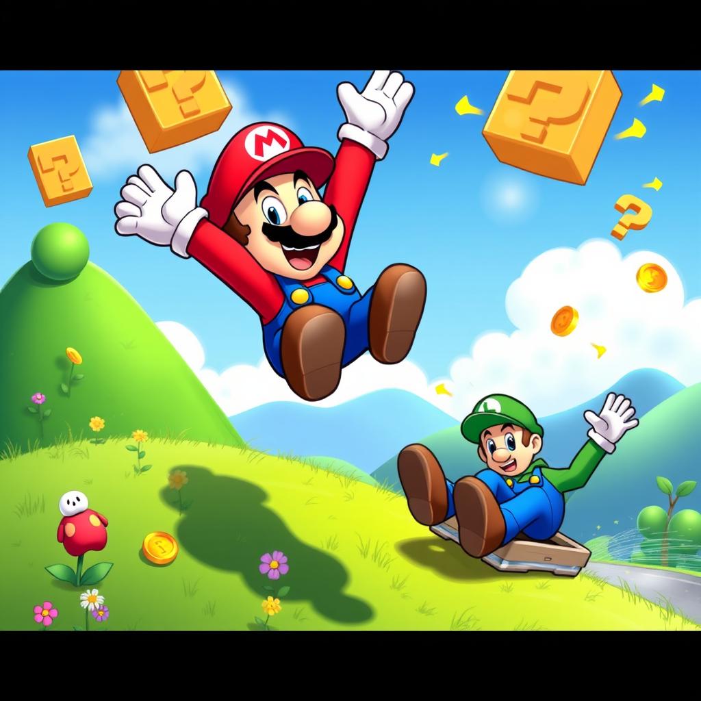 A vibrant and dynamic scene featuring Mario and Luigi, the iconic video game characters