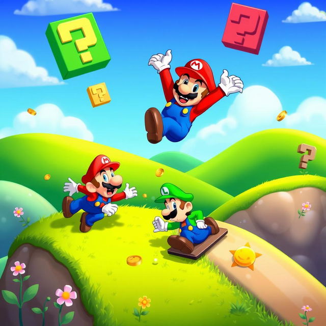 A vibrant and dynamic scene featuring Mario and Luigi, the iconic video game characters