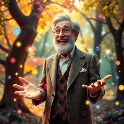 A bearded old man in a classic tweed suit, with a joyful smile, surrounded by colorful, sparkling magic swirling around him