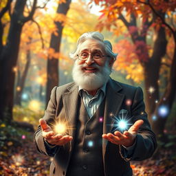 A bearded old man in a classic tweed suit, with a joyful smile, surrounded by colorful, sparkling magic swirling around him