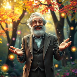 A bearded old man in a classic tweed suit, with a joyful smile, surrounded by colorful, sparkling magic swirling around him