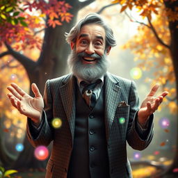 A bearded old man in a classic tweed suit, with a joyful smile, surrounded by colorful, sparkling magic swirling around him