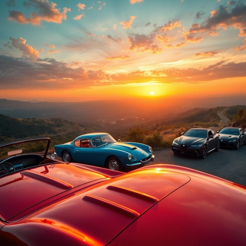 A vibrant scene depicting a collection of classic and modern cars parked at a scenic overlook, with a beautiful sunset illuminating the sky in hues of orange, pink, and purple