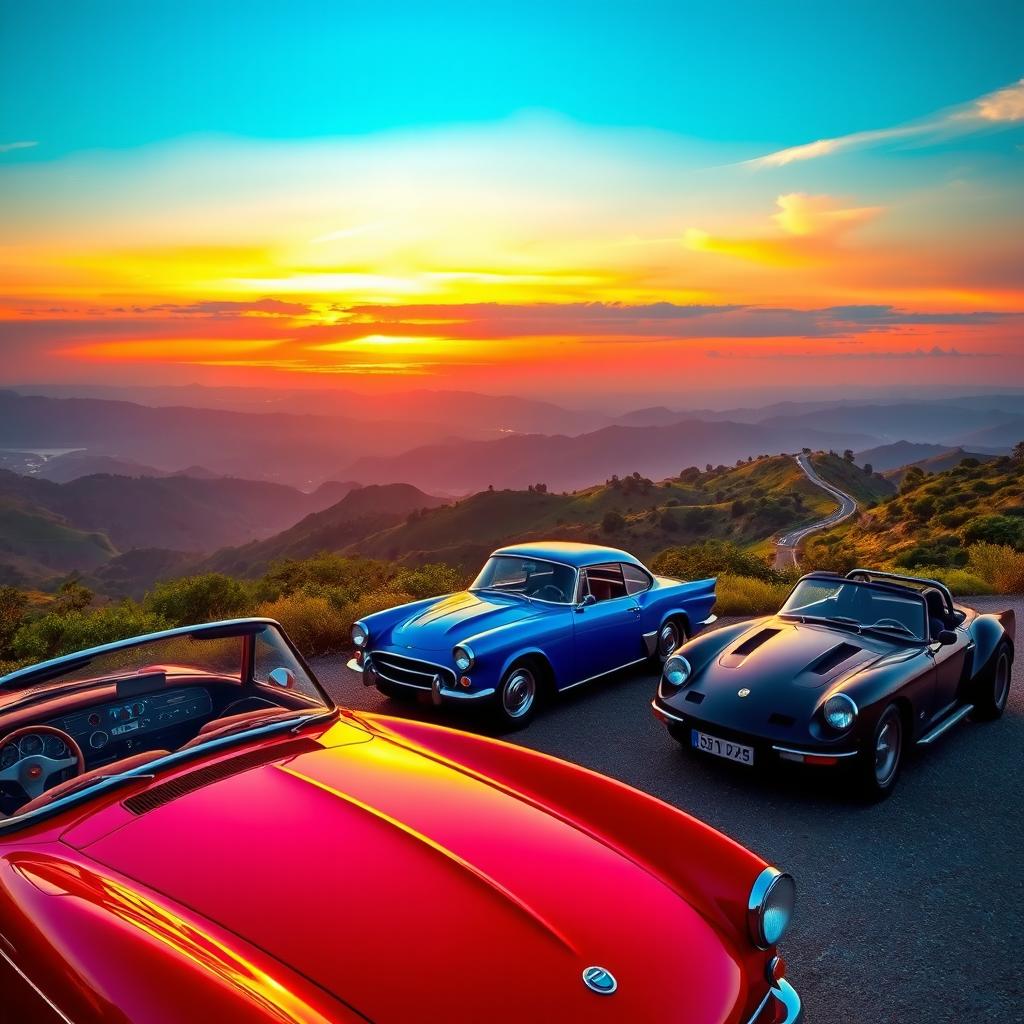 A vibrant scene depicting a collection of classic and modern cars parked at a scenic overlook, with a beautiful sunset illuminating the sky in hues of orange, pink, and purple