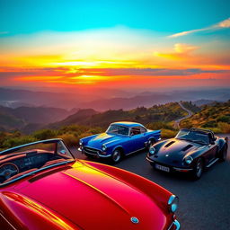 A vibrant scene depicting a collection of classic and modern cars parked at a scenic overlook, with a beautiful sunset illuminating the sky in hues of orange, pink, and purple