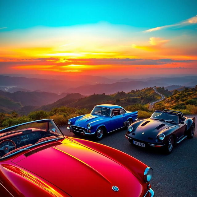 A vibrant scene depicting a collection of classic and modern cars parked at a scenic overlook, with a beautiful sunset illuminating the sky in hues of orange, pink, and purple