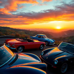 A vibrant scene depicting a collection of classic and modern cars parked at a scenic overlook, with a beautiful sunset illuminating the sky in hues of orange, pink, and purple