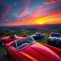 A vibrant scene depicting a collection of classic and modern cars parked at a scenic overlook, with a beautiful sunset illuminating the sky in hues of orange, pink, and purple