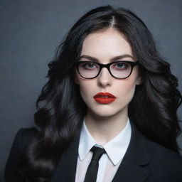 Generate an image of a pale vampire young lady with long wavy black hair. Her lips are red and sensual. She is wearing black square glasses and a sleek black suit.