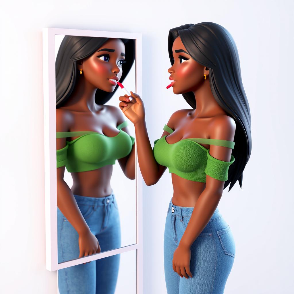 A 3D model of a young woman applying lipstick as she looks into a mirror