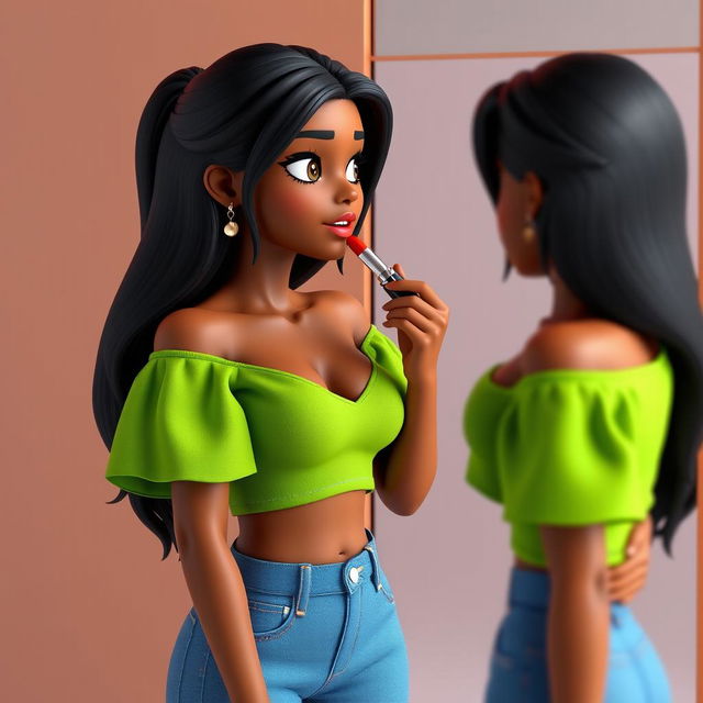 A 3D model of a young woman applying lipstick as she looks into a mirror