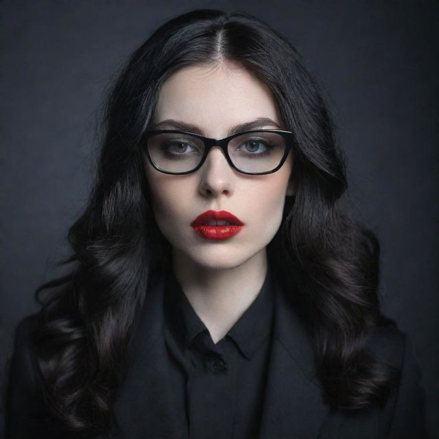 Generate an image of a pale vampire young lady with long wavy black hair. Her lips are red and sensual. She is wearing black square glasses and a sleek black suit.