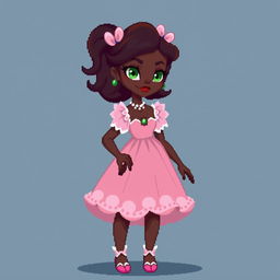 A full-body pixel art character from head to toe for a video game, depicting a 21-year-old young woman with very dark brown skin