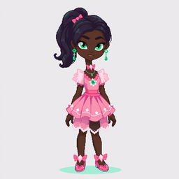 A full-body pixel art character from head to toe for a video game, depicting a 21-year-old young woman with very dark brown skin