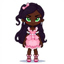 A full-body pixel art character from head to toe for a video game, depicting a 21-year-old young woman with very dark brown skin