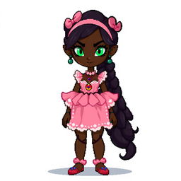 A full-body pixel art character from head to toe for a video game, depicting a 21-year-old young woman with very dark brown skin