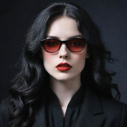 Generate an image of a pale vampire young lady with long wavy black hair. Her lips are red and sensual. She is wearing black square glasses and a sleek black suit.