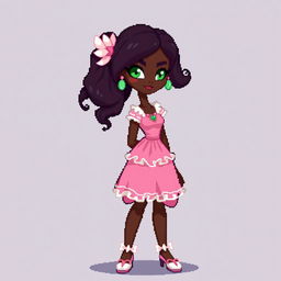 A full-body pixel art character from head to toe for a video game, showcasing a 21-year-old young woman with very dark brown skin