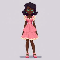 A full-body pixel art character from head to toe for a video game, showcasing a 21-year-old young woman with very dark brown skin