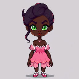 A full-body pixel art character from head to toe for a video game, showcasing a 21-year-old young woman with very dark brown skin