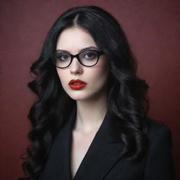 Generate an image of a pale vampire young lady with long wavy black hair. Her lips are red and sensual. She is wearing black square glasses and a sleek black suit.