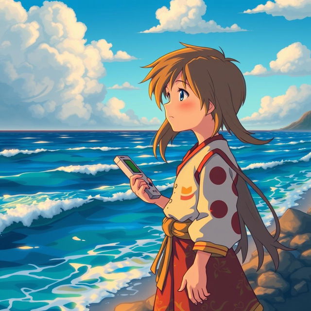 A young boy with long flowing hair stands by the ocean, gazing thoughtfully at the waves while holding a Game Boy in one hand