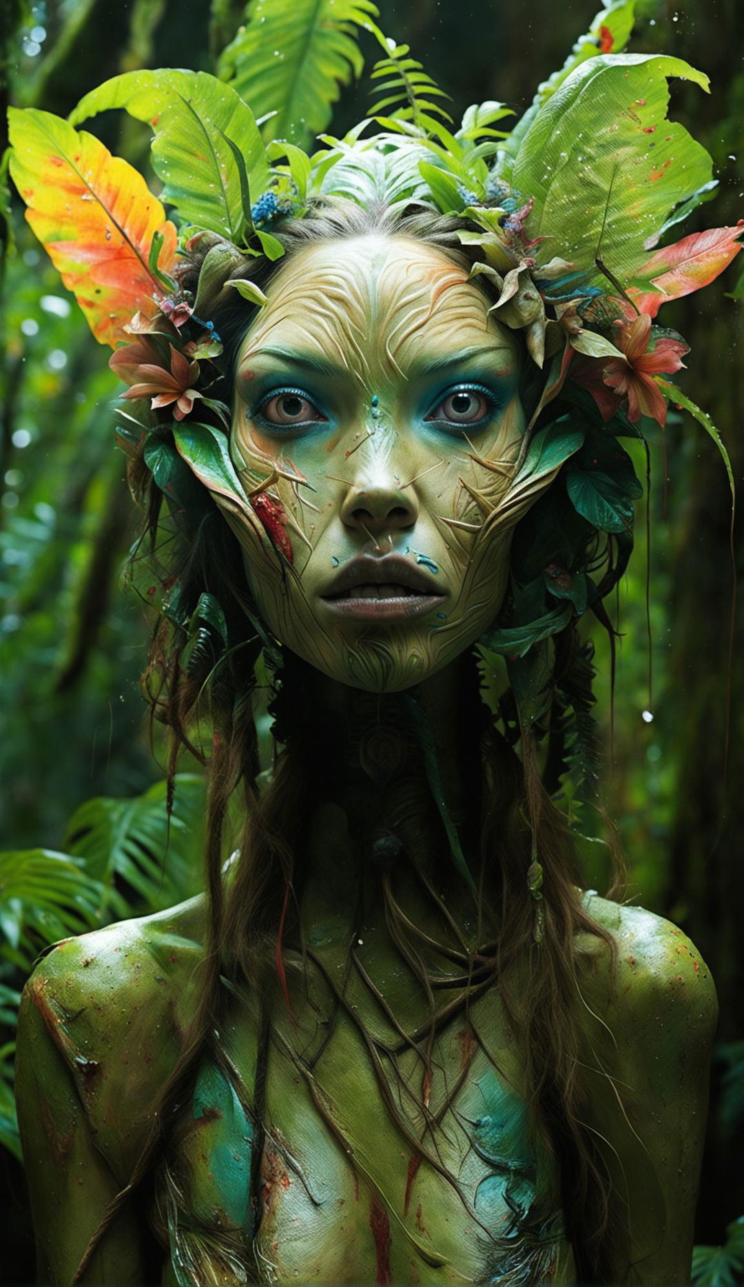 A Homunculus Woman with a big mouth and huge eyes in a tropical rainforest.