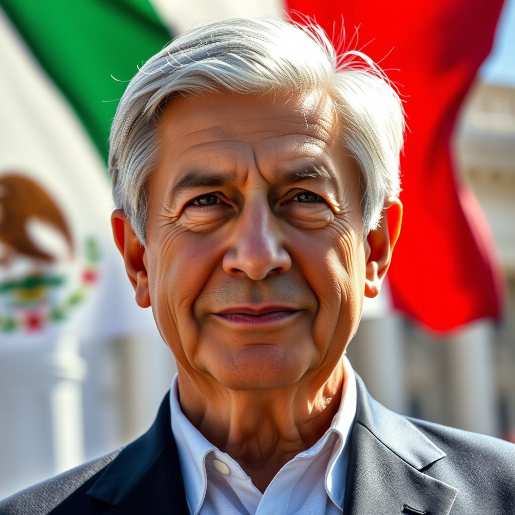 A detailed portrait of Andrés Manuel López Obrador, the President of Mexico, showcasing his distinguished features and charismatic personality