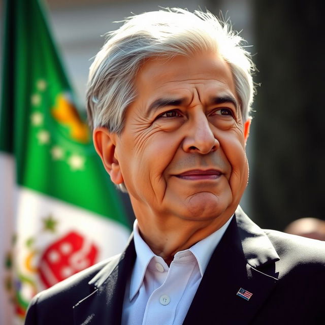 A detailed portrait of Andrés Manuel López Obrador, the President of Mexico, showcasing his distinguished features and charismatic personality