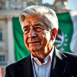 A detailed portrait of Andrés Manuel López Obrador, the President of Mexico, showcasing his distinguished features and charismatic personality