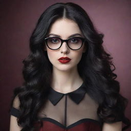 Create an image of a pale vampire young lady with long, wavy, black hair. She has alluring red lips, wears black square glasses, and is dressed in a elegant wine-colored dress.