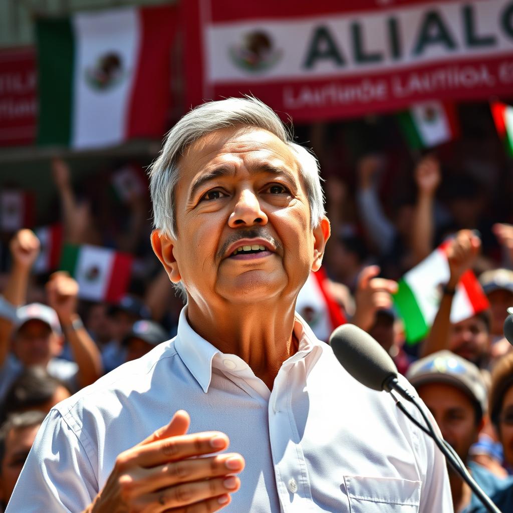 A vibrant political portrait of Andrés Manuel López Obrador (AMLO), the President of Mexico, depicted in a dynamic setting