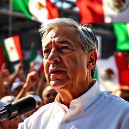 A vibrant political portrait of Andrés Manuel López Obrador (AMLO), the President of Mexico, depicted in a dynamic setting