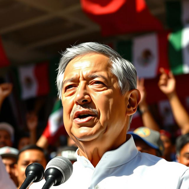 A vibrant political portrait of Andrés Manuel López Obrador (AMLO), the President of Mexico, depicted in a dynamic setting